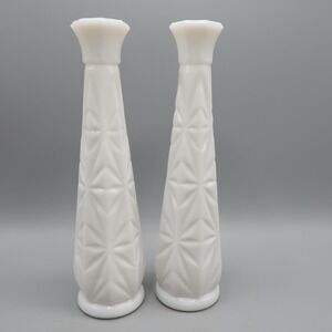 2 Hoosier Vase 9" Milk Glass Starburst Design Flower Bud Vintage MCM Farm White